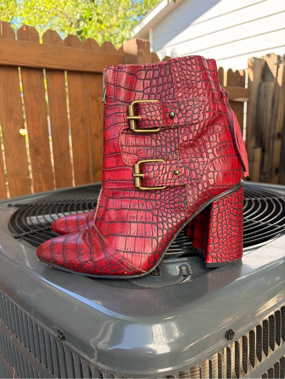 freebird Red Croc-Embossed Buckle Block Heel Ankle Boots
